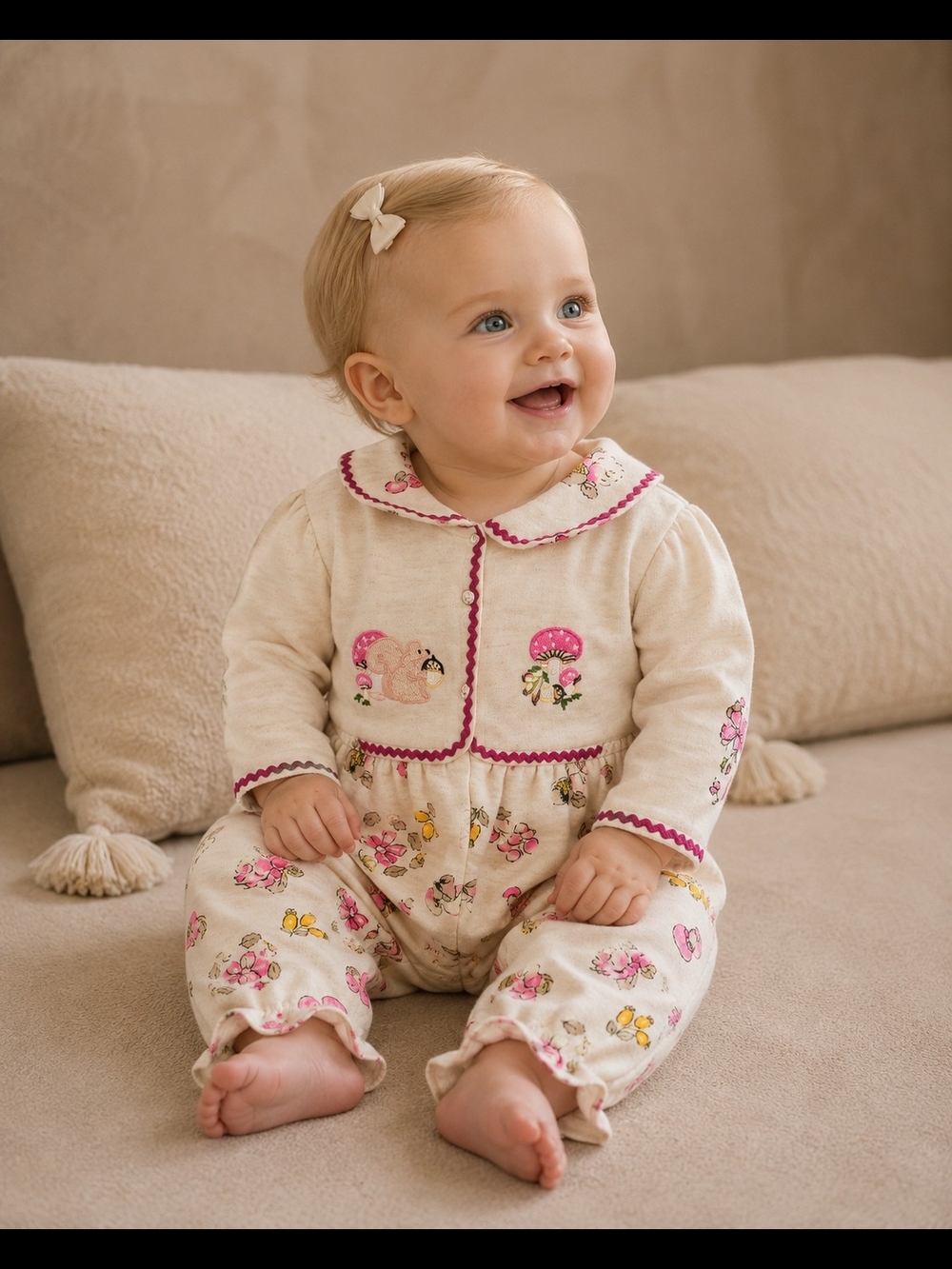 Vintage ICZ Baby Girls Cottagecore Mushroom Floral Romper 6-9M 90s